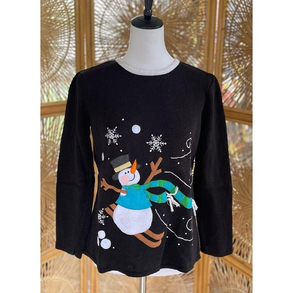 Tiara International Christmas Black Knit Sweater Blouse Embroidered Snowman - Picture 6 of 6